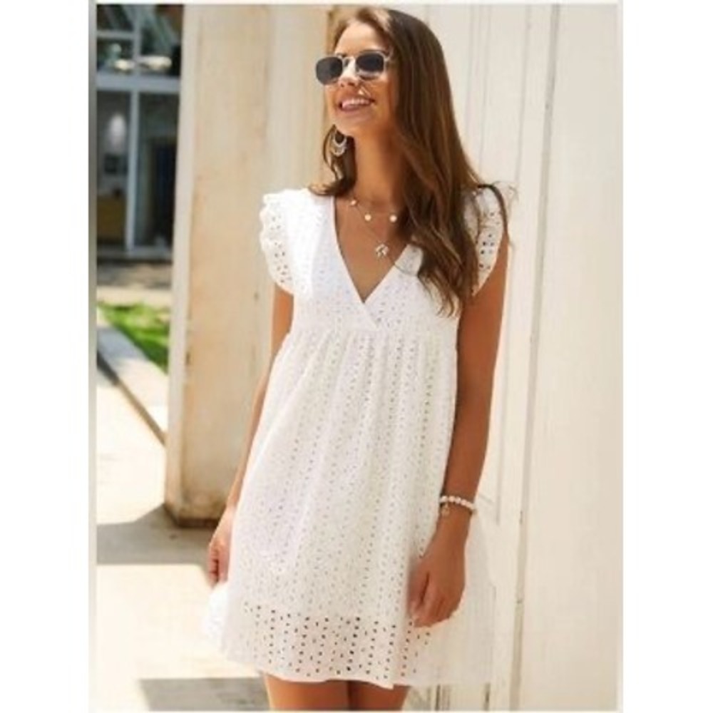 CODE MODE White Cotton Eyelet Mini Dress V-Neck Flutter  cottagecore flowy boho